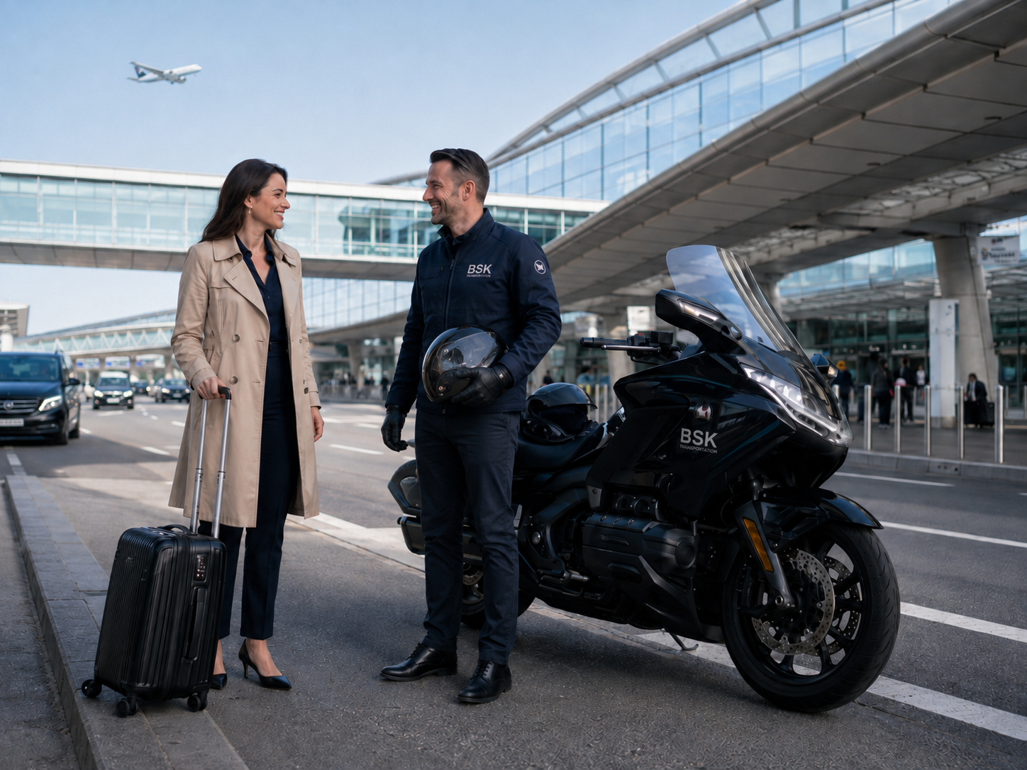 Taxi moto CDG BSK avec pilote et client pour un transfert aéroport