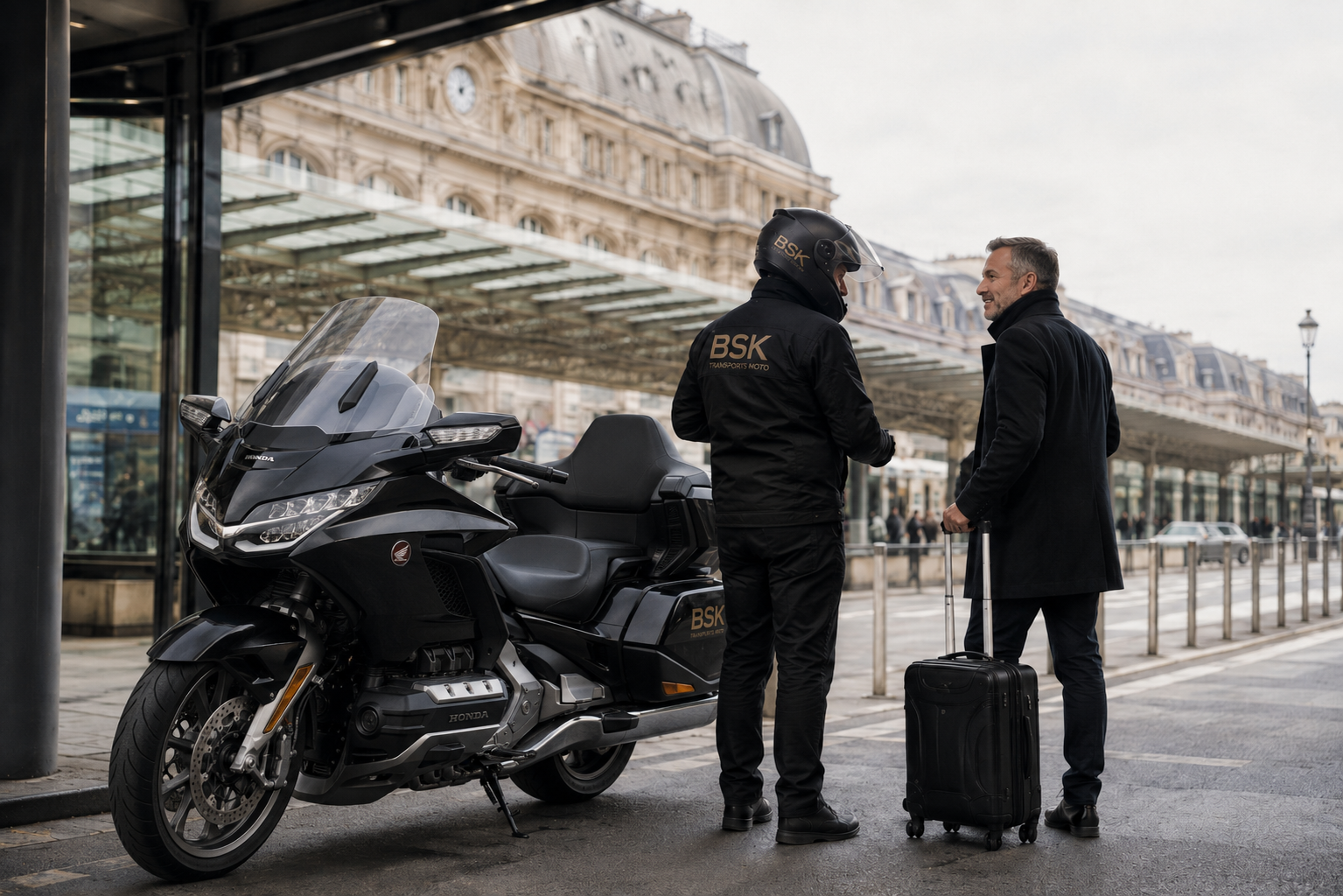 Taxi moto gares Paris BSK avec pilote accueillant un client devant une gare parisienne