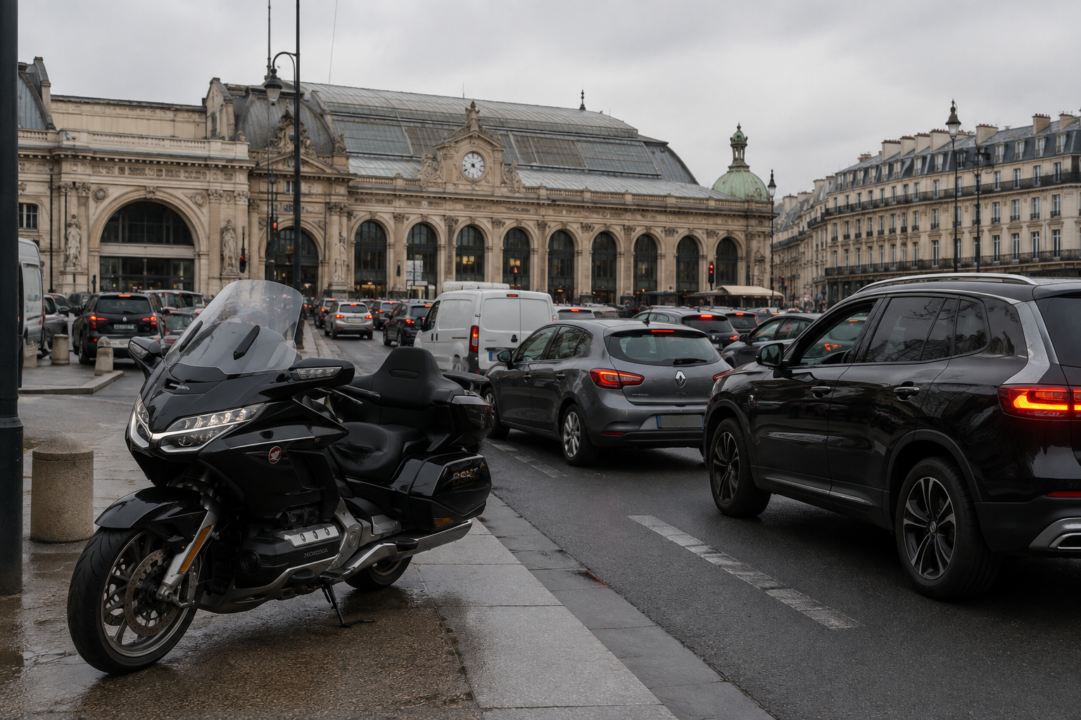 Taxi moto gares Paris BSK avec pilote et client pour un transfert vers une gare parisienne