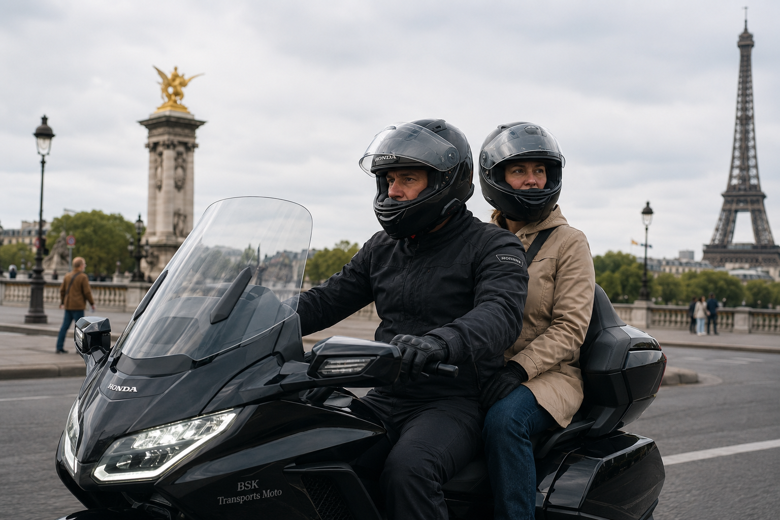 Taxi moto BSK Transports Moto à Paris avec passagère casquée