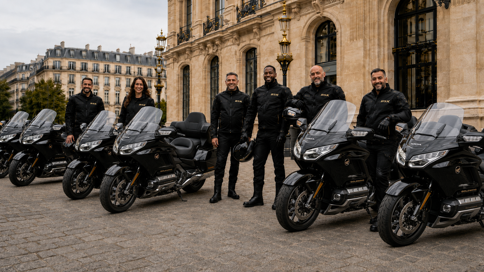 Équipe de pilotes BSK Transports Moto avec Honda Goldwing à Paris