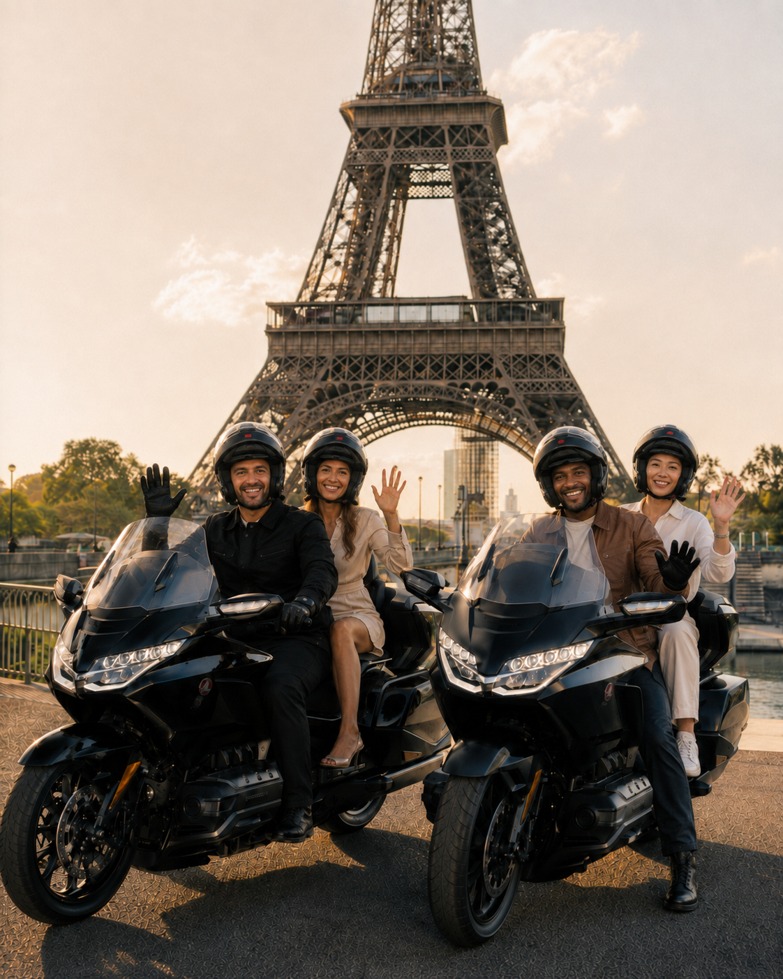 Paris City Tour en taxi moto avec deux Honda Goldwing devant la Tour Eiffel