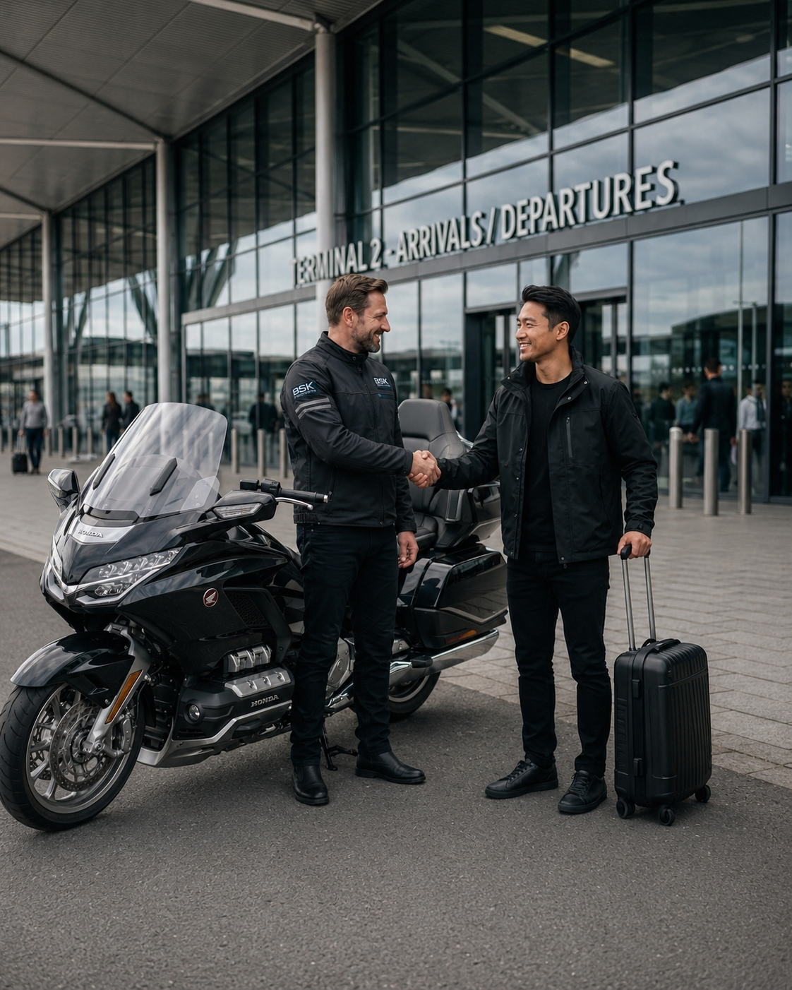 Taxi moto Orly BSK avec pilote accueillant un client à l’aéroport