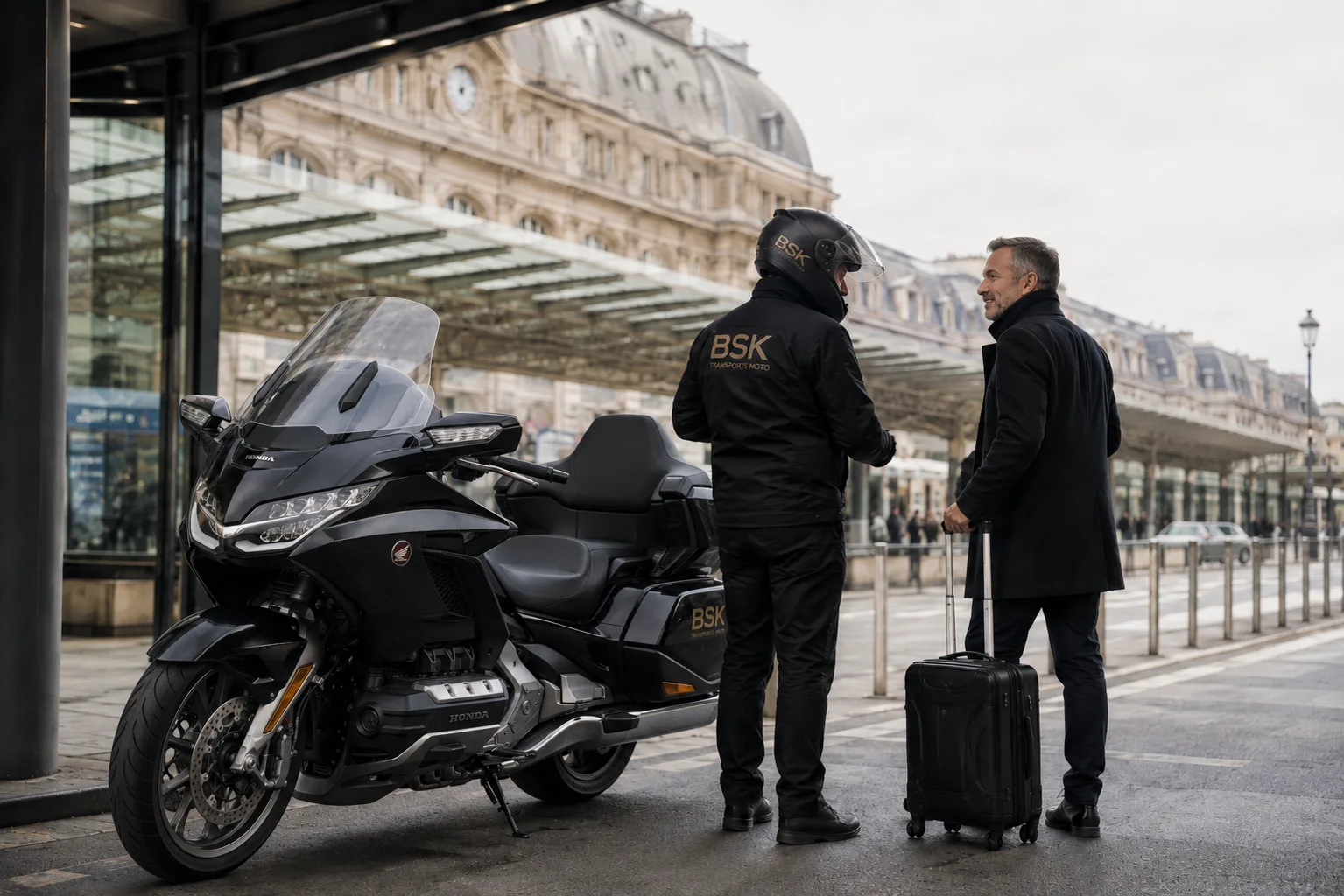Taxi moto gares Paris BSK avec pilote accueillant un client devant une gare parisienne