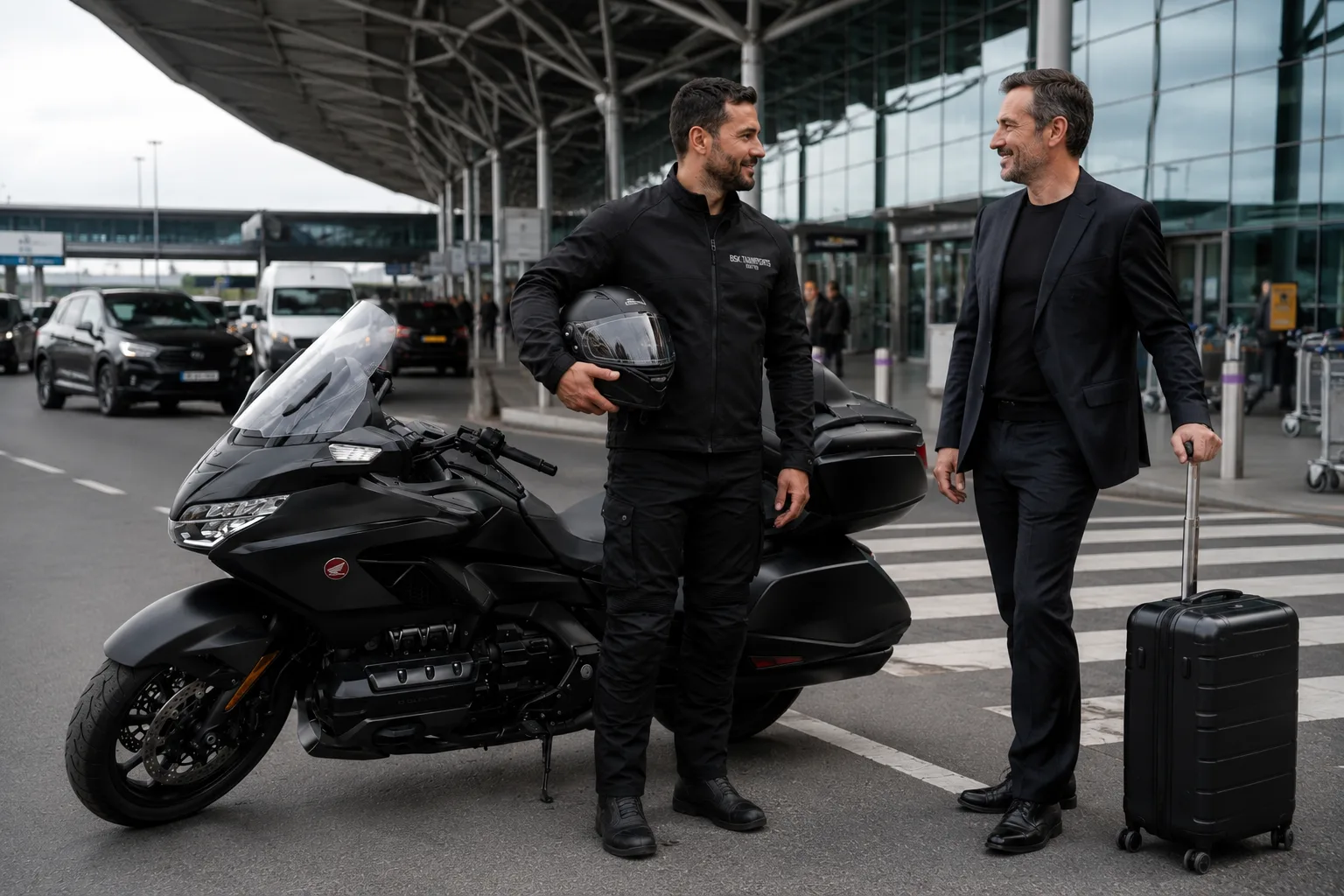 Taxi moto Orly BSK avec pilote et client pour un transfert aéroport